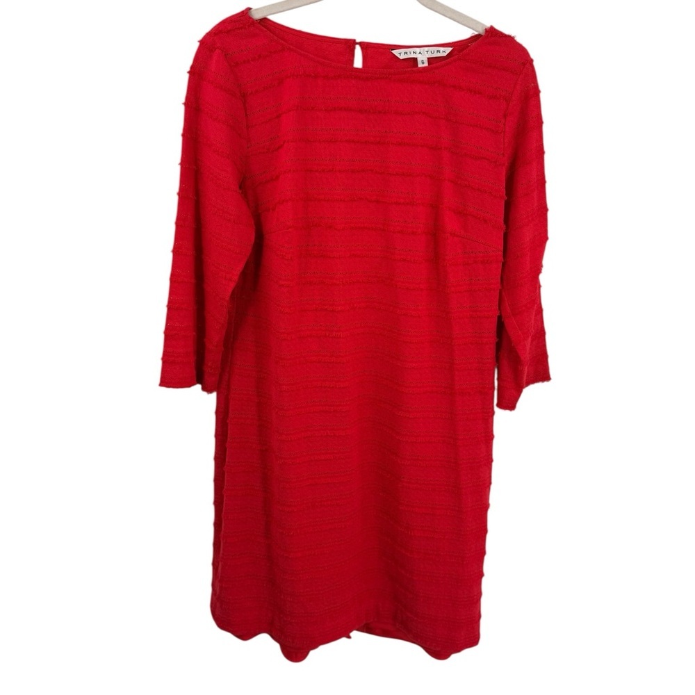 Trina Turk Womens Ain’t Misbehaving Fringe Red Dress Boat Neck 3/4 Sleeve 6
